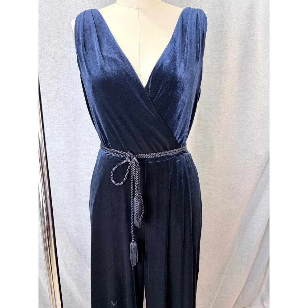 Eliza J Navy Velvet Wide Leg Formal‎ Jumpsuit Tassel Belt Size 12